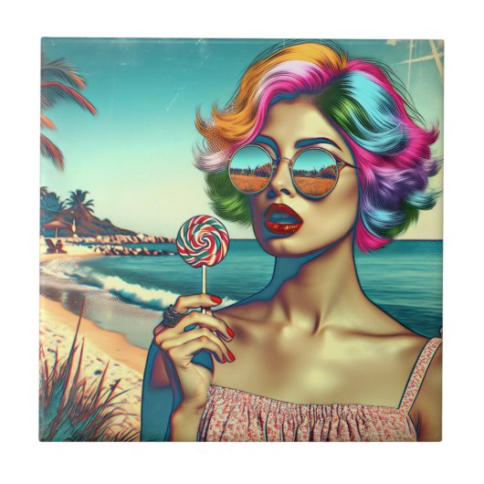Mooie Retro Pop Art Vrouw met Lollipop Tegeltje (Voorkant)