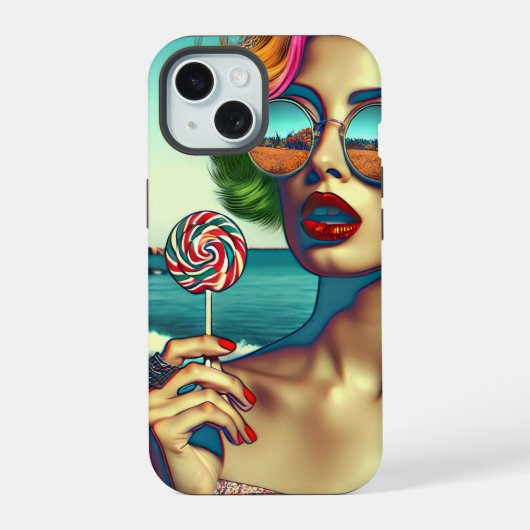 Mooie Retro Pop Art Vrouw met Lolly iPhone 15 Case (Achterkant)