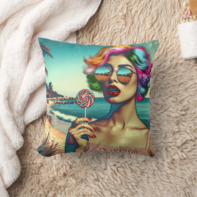 Mooie Retro Pop Art Vrouw met Lolly Kussen (Deken)