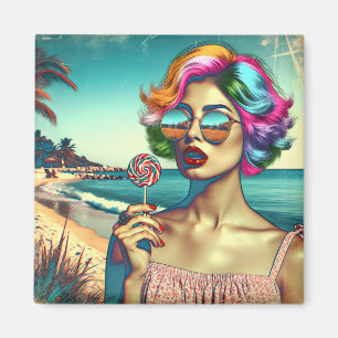 Mooie Retro Pop Art Vrouw met Lolly Magneet