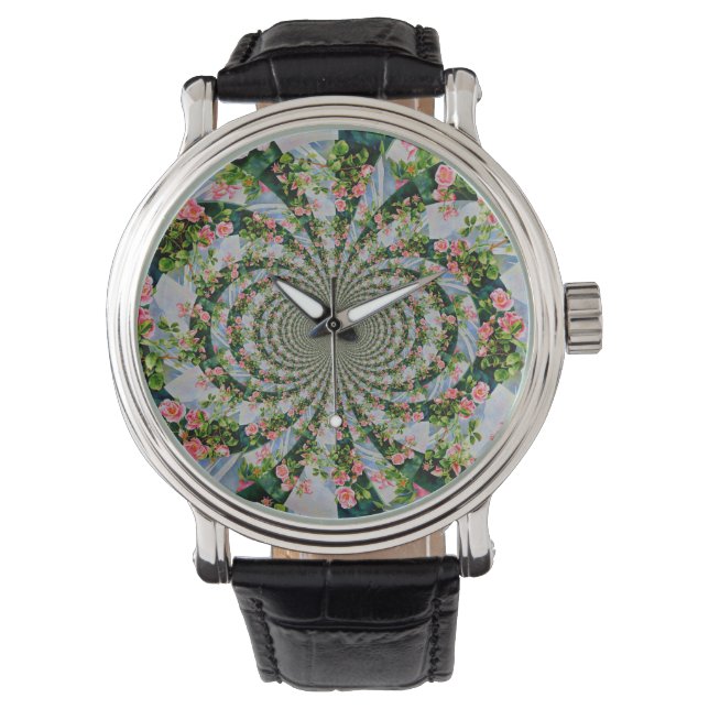 Mooie retro roze rode rozen waterverf bloemenmolen horloge (Voorkant)