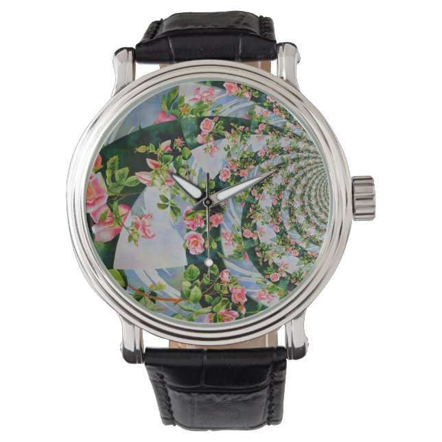 Mooie retro roze rode rozen waterverf bloemenmolen horloge (Voorkant)