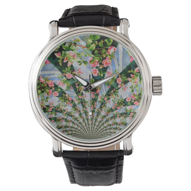 Mooie retro roze rode rozen waterverf bloemenmolen horloge (Voorkant)