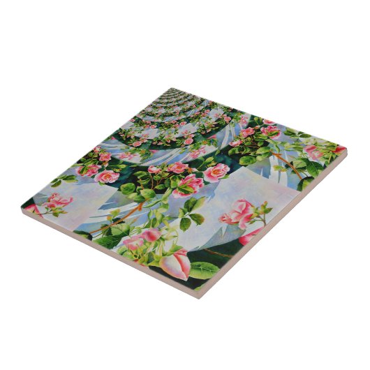 Mooie retro roze rode rozen waterverf bloemenmolen tegeltje (Zijkant)