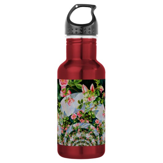 Mooie retro roze rode rozen waterverf bloemenmolen waterfles  (Voorkant)