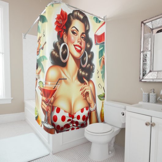 Mooie Retro Vrouw Illustratie Douchegordijn (In situ)