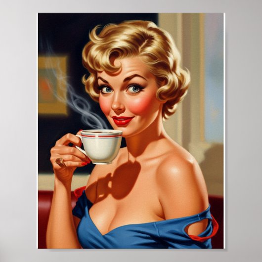 Mooie retro vrouw met een kopje koffie poster (Voorkant)
