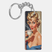 Mooie retro vrouw met een kopje koffie sleutelhanger (Voorkant Links)