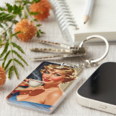 Mooie retro vrouw met een kopje koffie sleutelhanger (Voorkant Rechts)