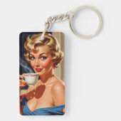Mooie retro vrouw met een kopje koffie sleutelhanger (achterkant)