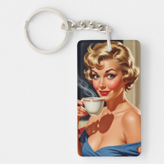 Mooie retro vrouw met een kopje koffie sleutelhanger (Voorkant)