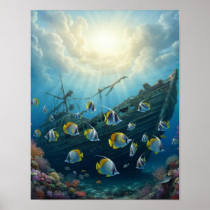 Mooie rifvissen bij een scheepswrak   poster