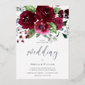 Mooie Rijke Bourgondische Waterverf Bloemenbruilof Folie Uitnodiging (Voorkant)