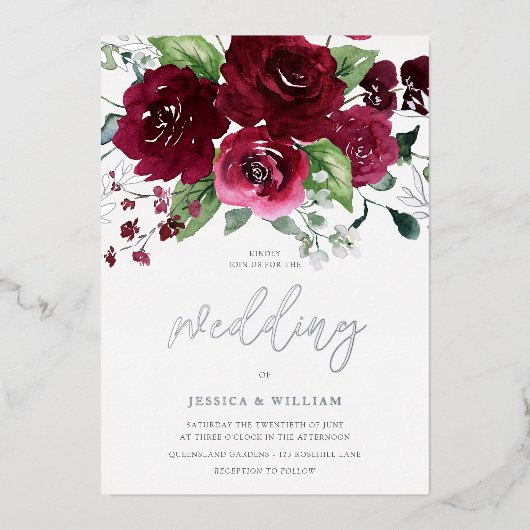 Mooie Rijke Bourgondische Waterverf Bloemenbruilof Folie Uitnodiging (Voorkant)