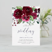 Mooie Rijke Bourgondische Waterverf Bloemenbruilof Folie Uitnodiging (Staand Voorkant)
