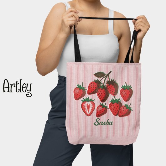 Mooie Risograph Aardbeien & Strepen Aangepaste Naa Tote Bag