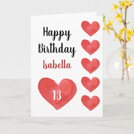 Mooie Rode Aquarel Hart 13e Verjaardag Kaart (Gele Bloem)