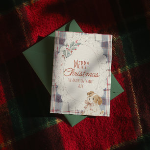 Mooie Rode Blauwe Gingham Kant Werk Hond Kerstmis Feestdagenkaart