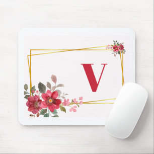 Mooie rode bloem met gouden Lijst Monogram Muismat