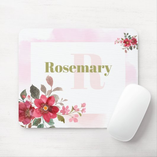Mooie rode bloem met roze border monogram muismat (Met muis)