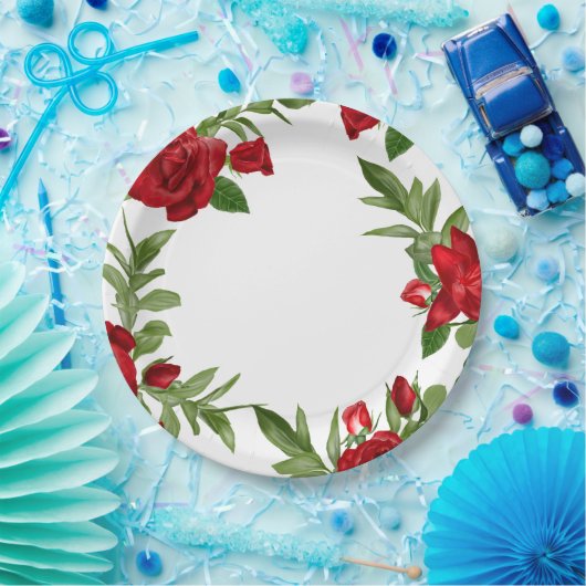 Mooie rode bloemen grens wit papieren bordje (Feest)