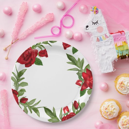 Mooie rode bloemen grens wit papieren bordje (Feest)