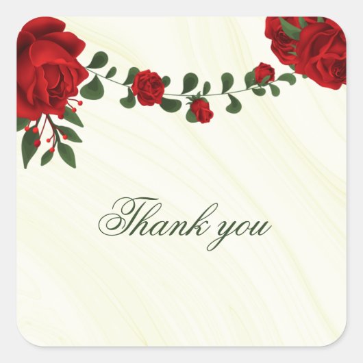 Mooie rode bloemen groene bladeren dank u vierkante sticker (Voorkant)