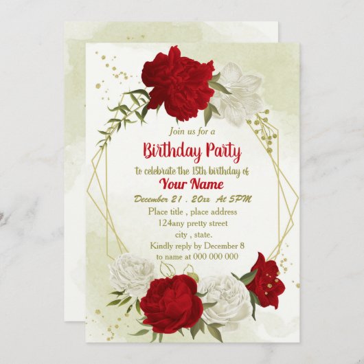 Mooie rode bloemen groene bladeren verjaardag kaart (Voorkant / Achterkant)