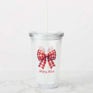 Mooie rode en crèmekleurige gingham strik acryl drinkbeker