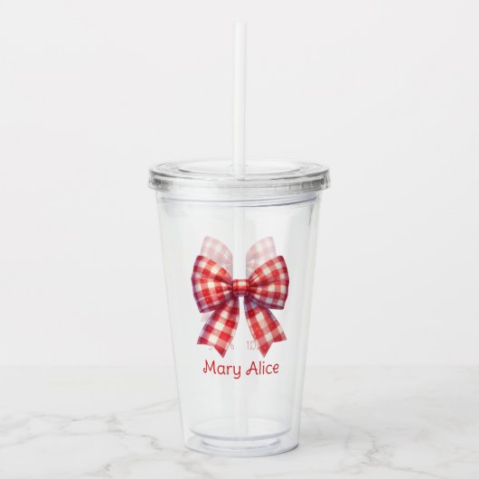 Mooie rode en crèmekleurige gingham strik acryl drinkbeker (Voorkant)