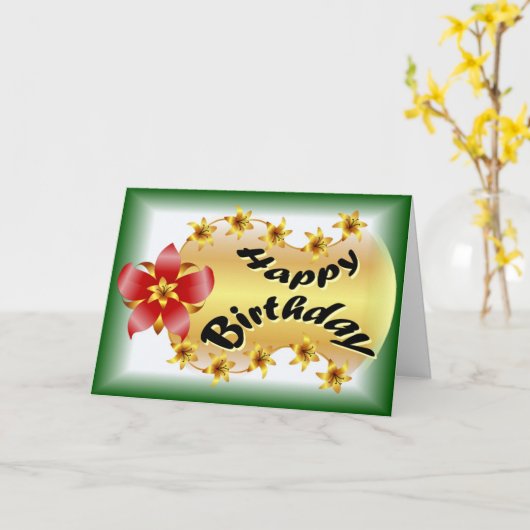 Mooie rode en gouden bloem op groene verjaardag kaart (Gele Bloem)