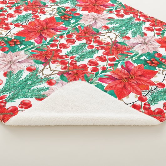 Mooie rode en roze Poinsettias, pine en bessen Sherpa Deken (3/4)