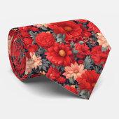 Mooie rode en salie groene bloemen stropdas (Opgerold)