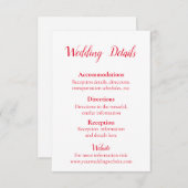 Mooie rode en witte bruiloft details informatiekaartje (Voorkant / Achterkant)