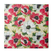 Mooie rode en witte papavers op crème geel tegeltje (Voorkant)