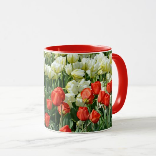 Mooie rode en witte tulpenkoffie-mok mok (Voorkant rechts)