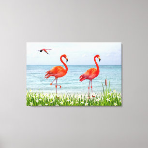 Mooie Rode Flamingo's bij Witte Bloemen Canvas Afdruk