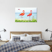 Mooie Rode Flamingo's bij Witte Bloemen Canvas Afdruk (Insitu (Slaapkamer))
