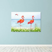 Mooie Rode Flamingo's bij Witte Bloemen Canvas Afdruk (Insitu (Houten vloer))