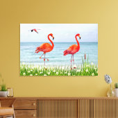 Mooie Rode Flamingo's bij Witte Bloemen Canvas Afdruk (Insitu (Woonkamer))