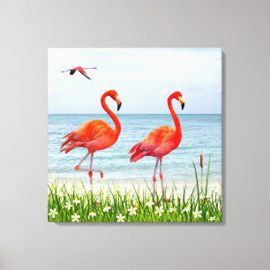 Mooie rode flamingo's bij witte bloemen canvas afdruk