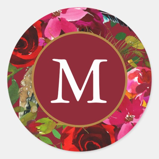 Mooie Rode Floral met Monogram Kerstmis Ronde Sticker (Voorkant)