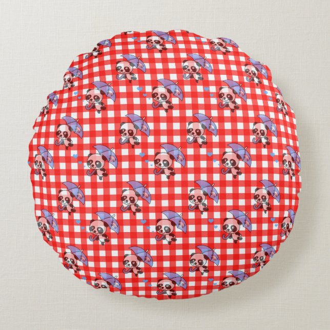 Mooie rode geruite gingham rond kussen (Voorkant)