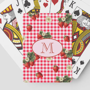 Mooie rode gingham aardbeien op maat gemaakte mono pokerkaarten