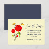 Mooie Rode Hartbloemen en Gele Vlinders Save The Date (Voorkant / Achterkant)