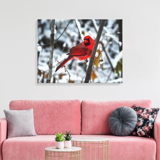 Mooie rode kardinaal in de sneeuw canvas afdruk (Insitu (Woonkamer))