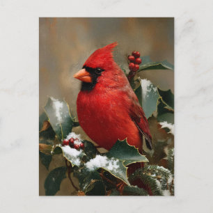 Mooie Rode Kardinaal op Besneeuwde Hulst Briefkaart