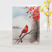 Mooie rode kardinaal op boom ledemaat blanco kaart (Gele Bloem)