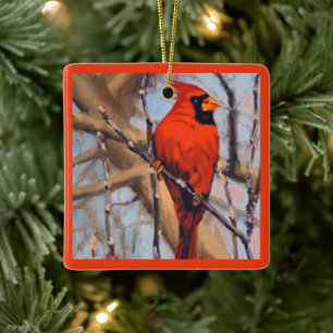 Mooie rode kardinaalvogel in boom keramisch ornament
