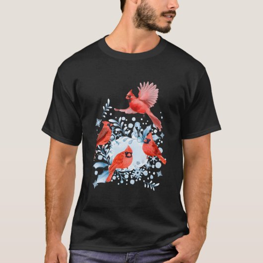 Mooie rode kardinaalvogels Winter Scene Christma T-shirt (Voorkant)